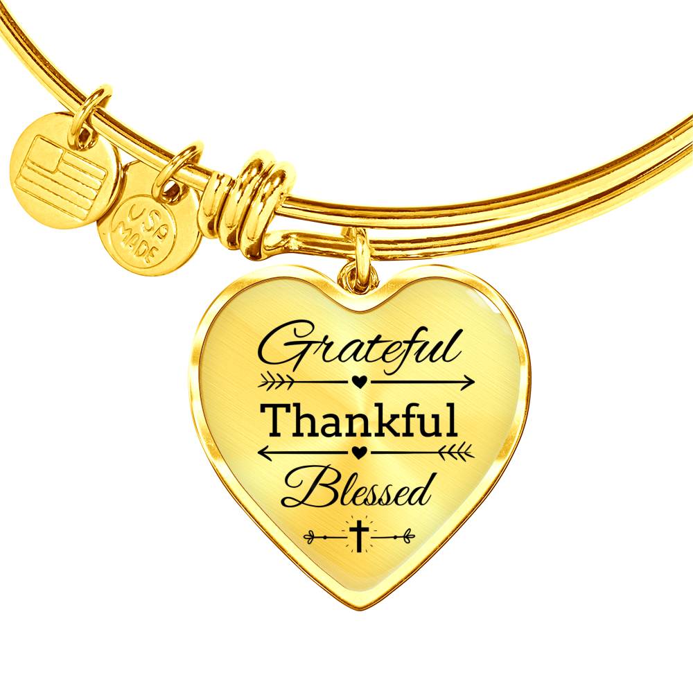 Grateful Thankful Blessed Heart Bangle Stainless Steel or 18k Gold 18-22"-Express Your Love Gifts