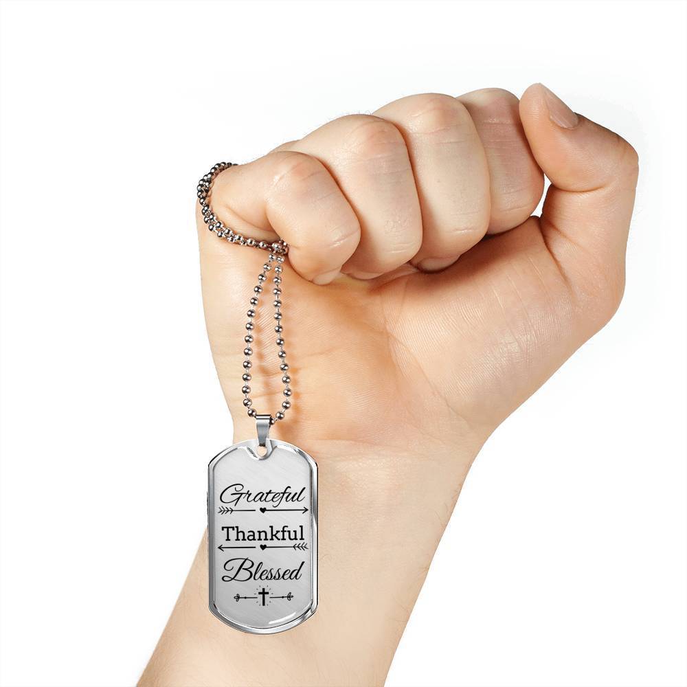 Grateful Thankful Blessed Necklace Stainless Steel or 18k Gold Dog Tag W 24"-Express Your Love Gifts