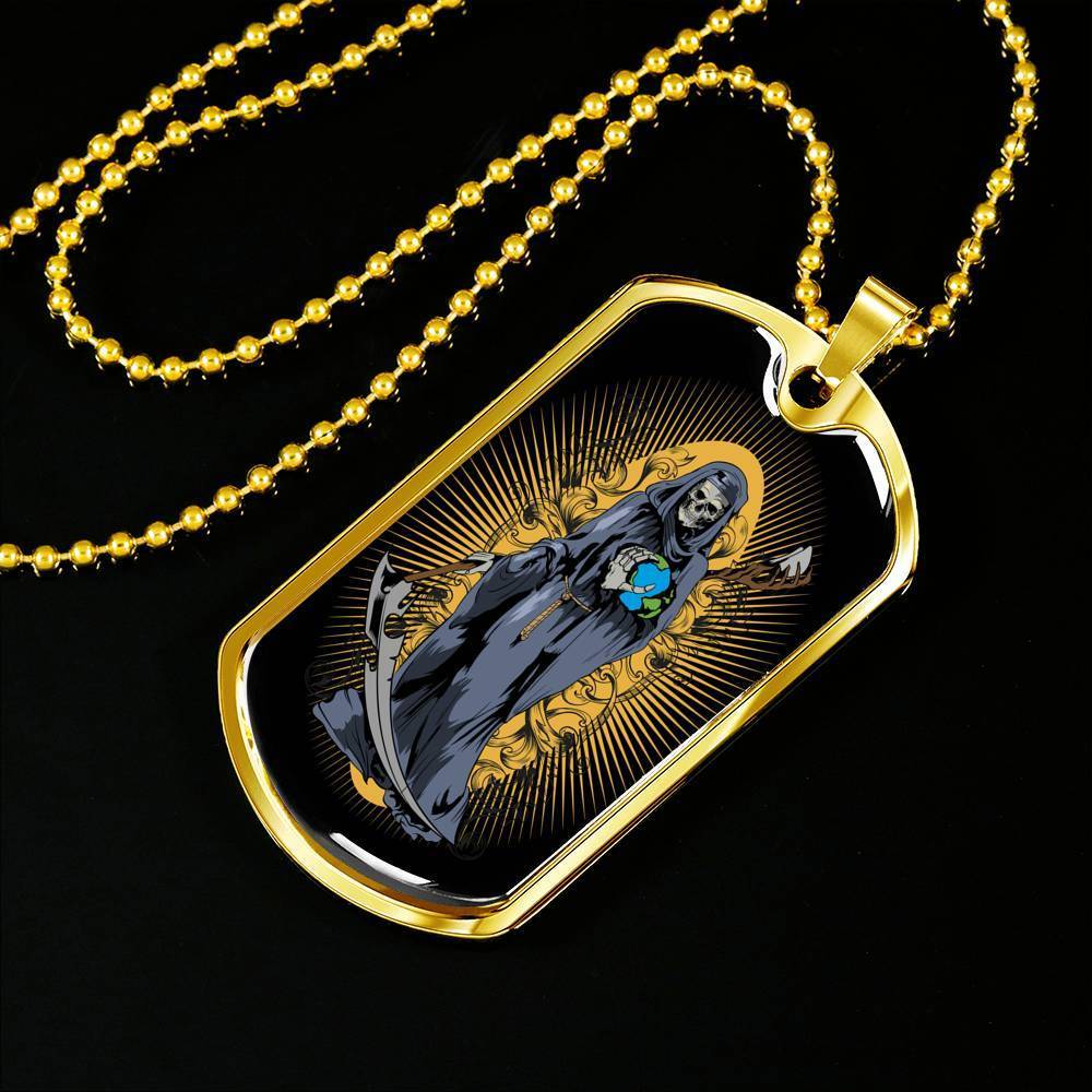 Grim Reaper Santa Muerte Dog Tag Stainless Steel or 18k Gold 24" Chain - Express Your Love Gifts
