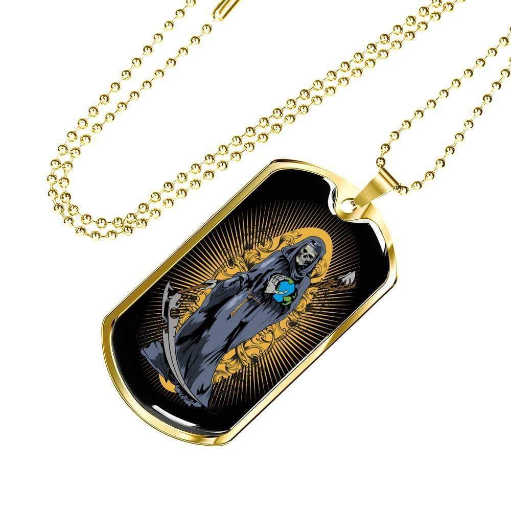 Grim Reaper Santa Muerte Dog Tag Stainless Steel or 18k Gold 24" Chain - Express Your Love Gifts