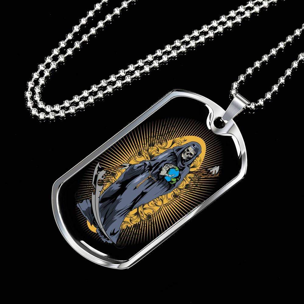 Grim Reaper Santa Muerte Dog Tag Stainless Steel or 18k Gold 24" Chain - Express Your Love Gifts