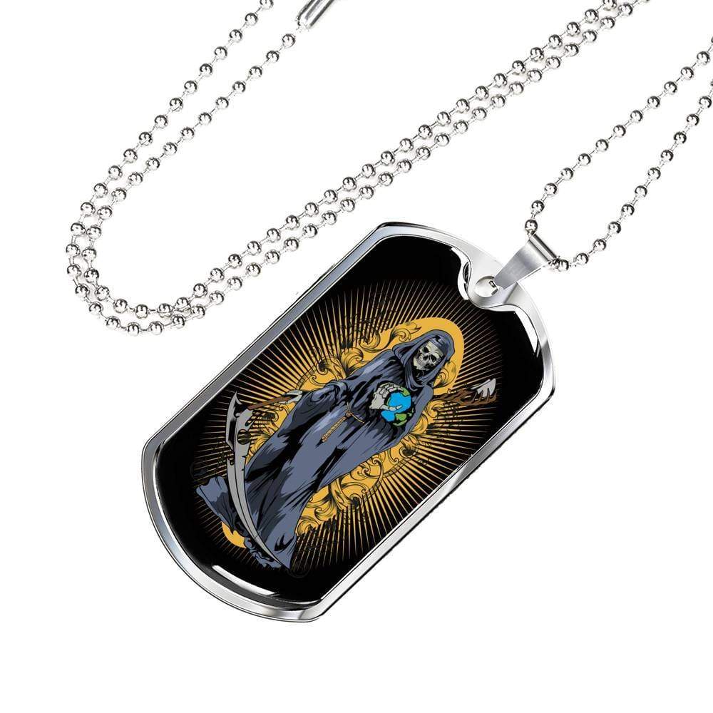 Grim Reaper Santa Muerte Dog Tag Stainless Steel or 18k Gold 24" Chain - Express Your Love Gifts