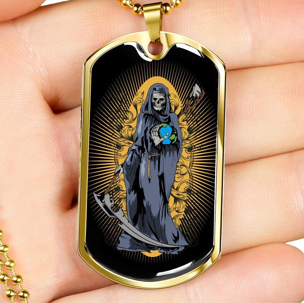 Grim Reaper Santa Muerte Dog Tag Stainless Steel or 18k Gold 24" Chain - Express Your Love Gifts