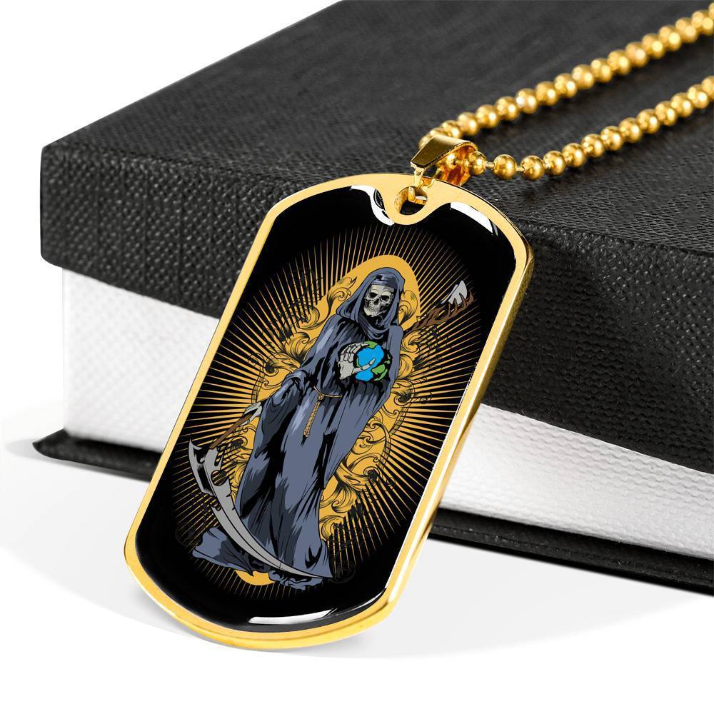 Grim Reaper Santa Muerte Dog Tag Stainless Steel or 18k Gold 24" Chain - Express Your Love Gifts