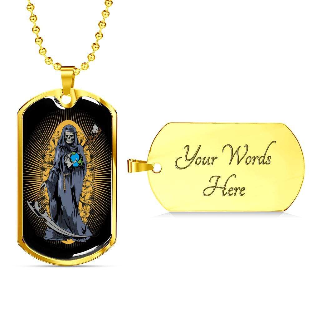 Grim Reaper Santa Muerte Dog Tag Stainless Steel or 18k Gold 24" Chain - Express Your Love Gifts
