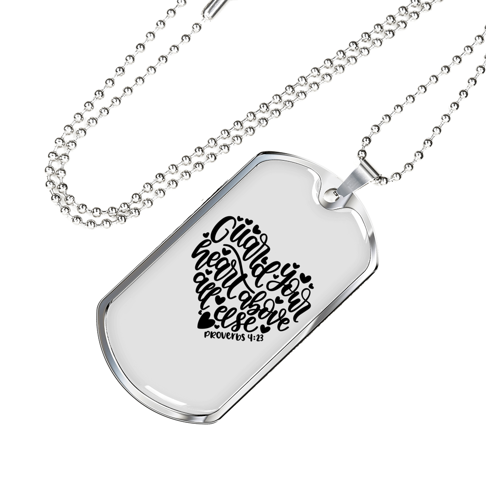 Guard Your Heart Proverbs 4:23 Necklace Stainless Steel or 18k Gold Dog Tag 24" Chain-Express Your Love Gifts
