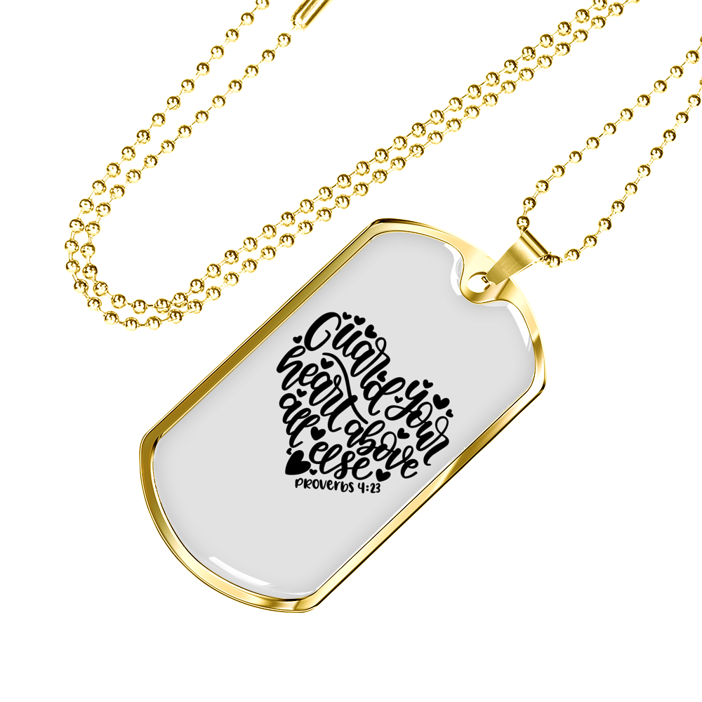 Guard Your Heart Proverbs 4:23 Necklace Stainless Steel or 18k Gold Dog Tag 24" Chain-Express Your Love Gifts