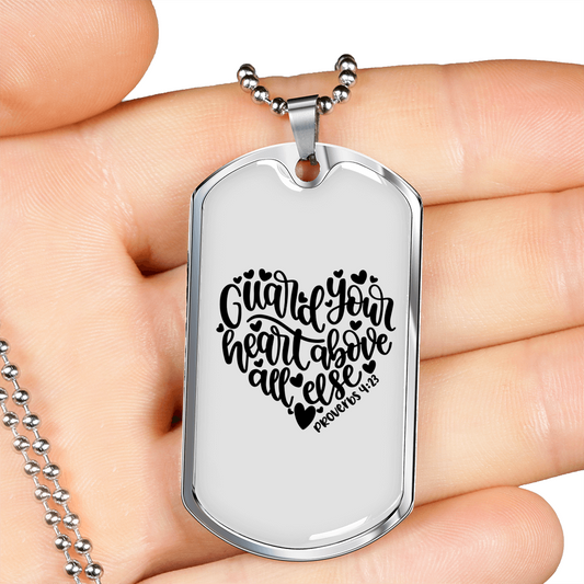 Guard Your Heart Proverbs 4:23 Necklace Stainless Steel or 18k Gold Dog Tag 24" Chain-Express Your Love Gifts