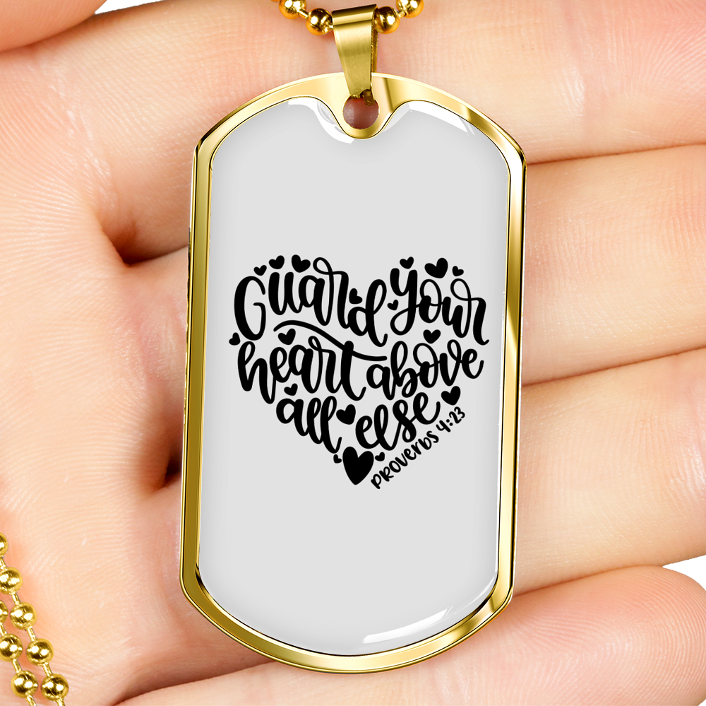 Guard Your Heart Proverbs 4:23 Necklace Stainless Steel or 18k Gold Dog Tag 24" Chain-Express Your Love Gifts