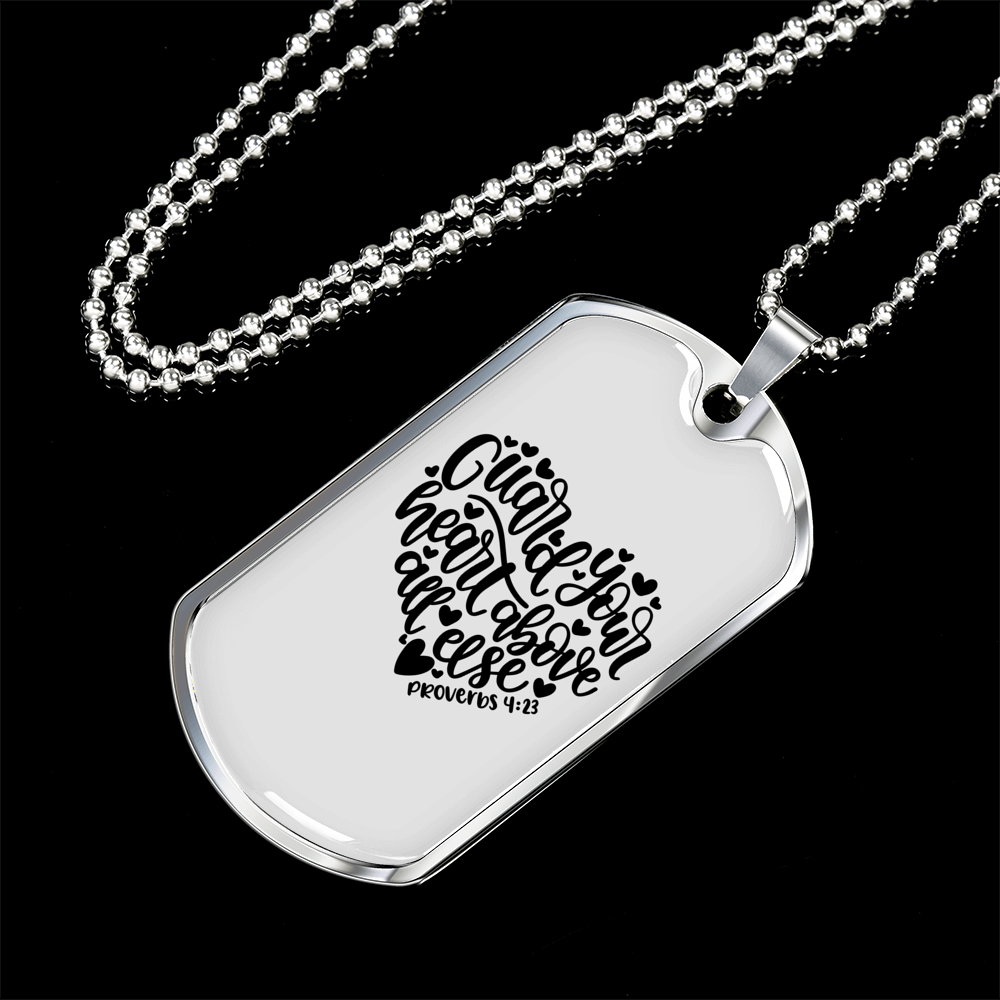 Guard Your Heart Proverbs 4:23 Necklace Stainless Steel or 18k Gold Dog Tag 24" Chain-Express Your Love Gifts