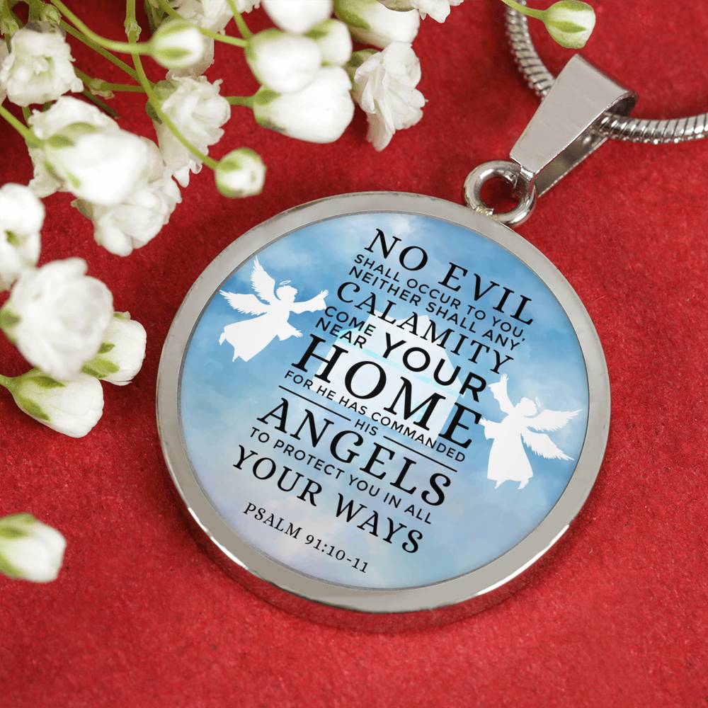 Guardian Angel Psalm 91:10-11 Circle Necklace Stainless Steel or 18k Gold 18-22"-Express Your Love Gifts