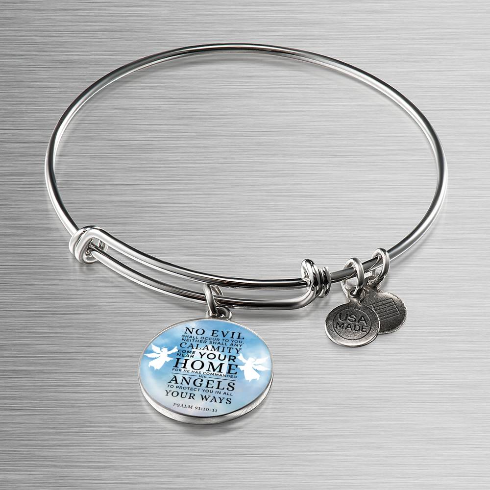 Guardian Angel Psalm 91:10-11 Circle Pendant Bangle Stainless Steel or 18k Gold 18-22"-Express Your Love Gifts
