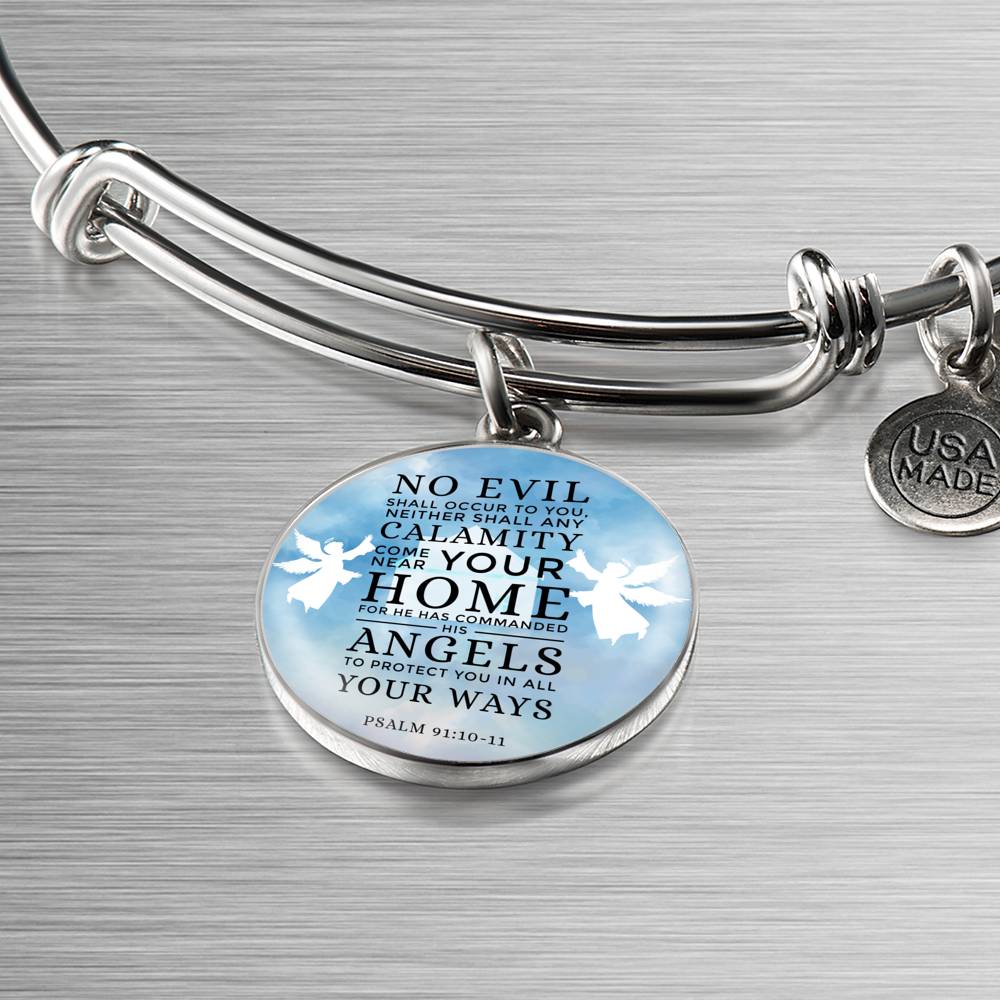 Guardian Angel Psalm 91:10-11 Circle Pendant Bangle Stainless Steel or 18k Gold 18-22"-Express Your Love Gifts