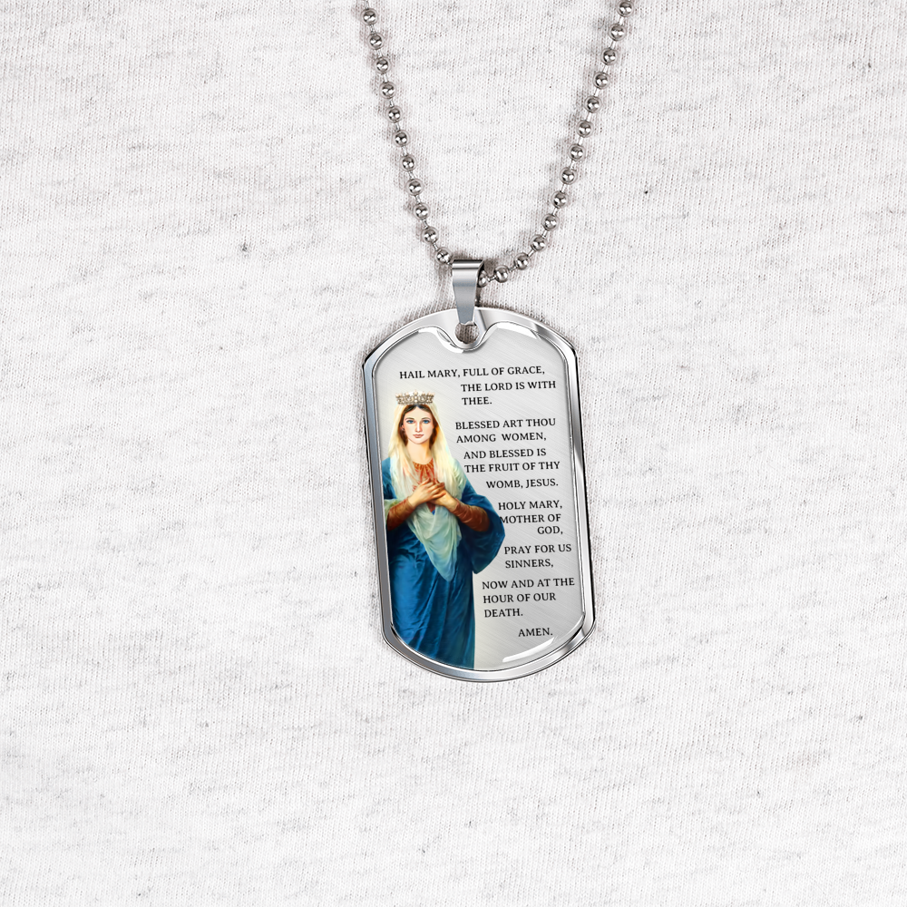 Hail Mary Catholic Prayer Necklace Stainless Steel or 18k Gold Dog Tag 24" Chain-Express Your Love Gifts