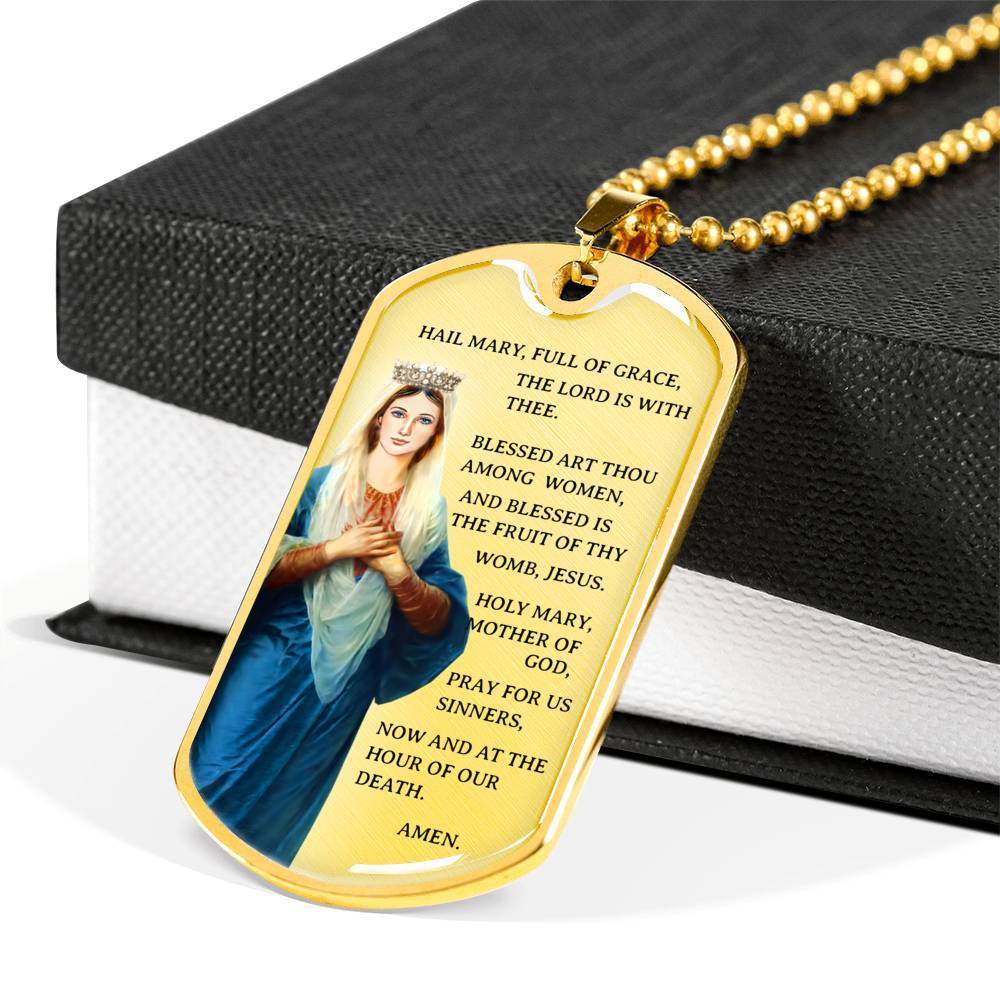 Hail Mary Catholic Prayer Necklace Stainless Steel or 18k Gold Dog Tag 24" Chain-Express Your Love Gifts