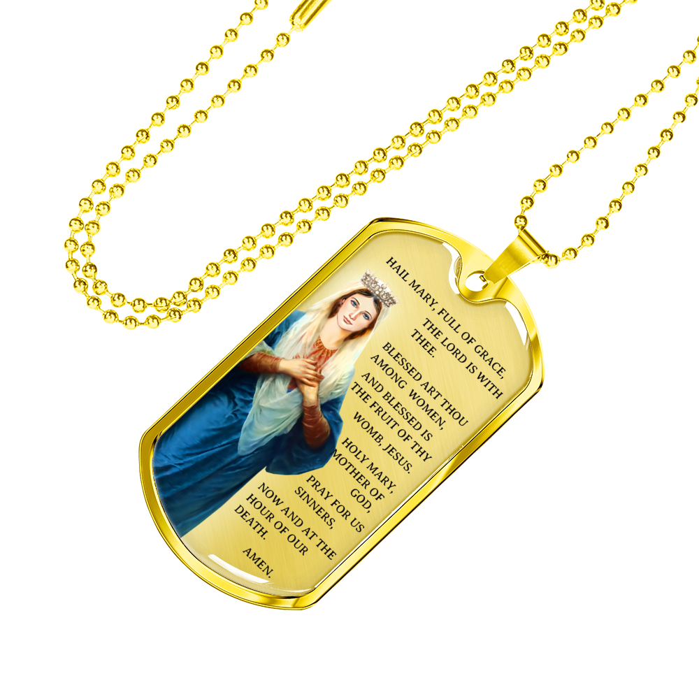 Hail Mary Catholic Prayer Necklace Stainless Steel or 18k Gold Dog Tag 24" Chain-Express Your Love Gifts