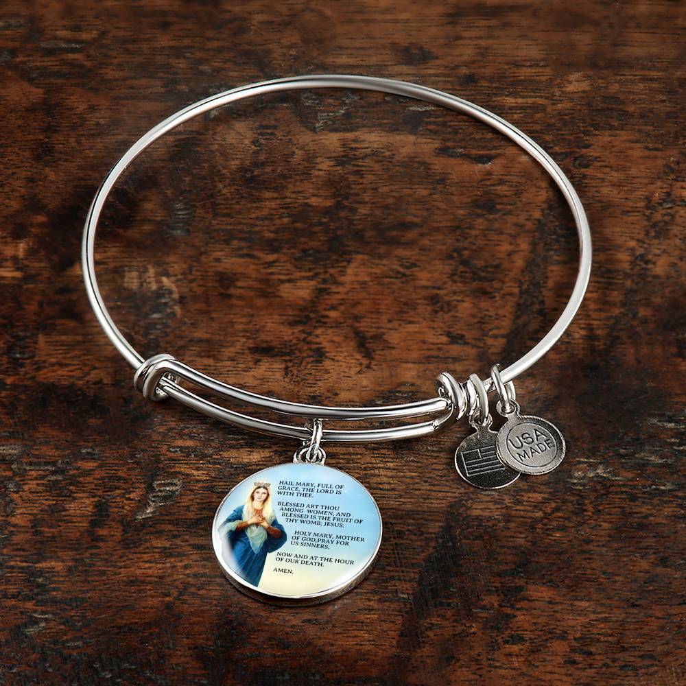 Hail Mary Catholic Prayer Stainless Steel or 18k Gold Circle Bangle Bracelet - Express Your Love Gifts