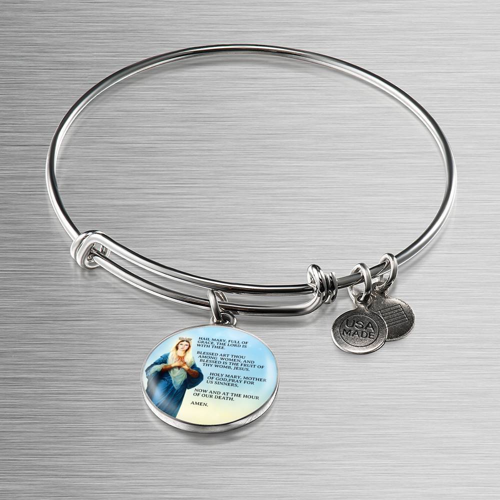Hail Mary Catholic Prayer Stainless Steel or 18k Gold Circle Bangle Bracelet - Express Your Love Gifts