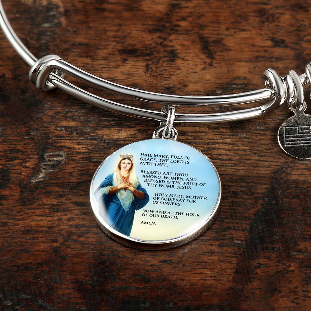 Hail Mary Catholic Prayer Stainless Steel or 18k Gold Circle Bangle Bracelet - Express Your Love Gifts