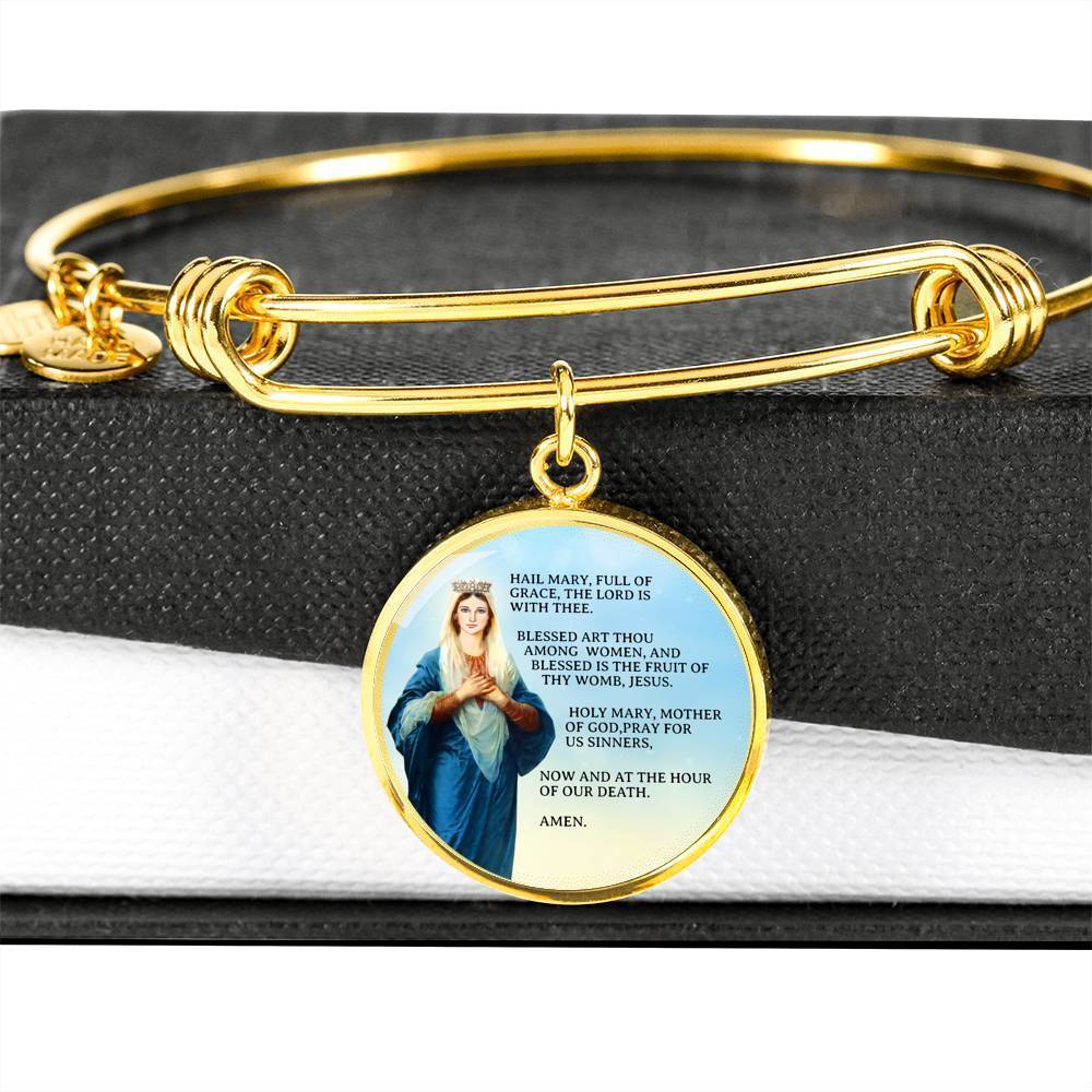 Hail Mary Catholic Prayer Stainless Steel or 18k Gold Circle Bangle Bracelet - Express Your Love Gifts
