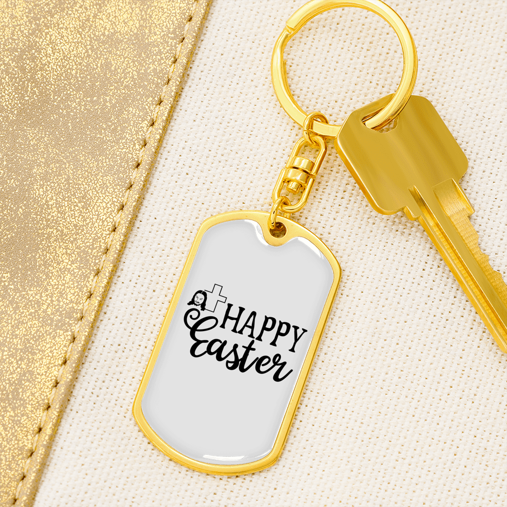Happy Easter Cross Keychain Stainless Steel or 18k Gold Dog Tag Keyring-Express Your Love Gifts