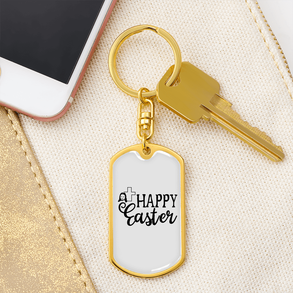 Happy Easter Cross Keychain Stainless Steel or 18k Gold Dog Tag Keyring-Express Your Love Gifts