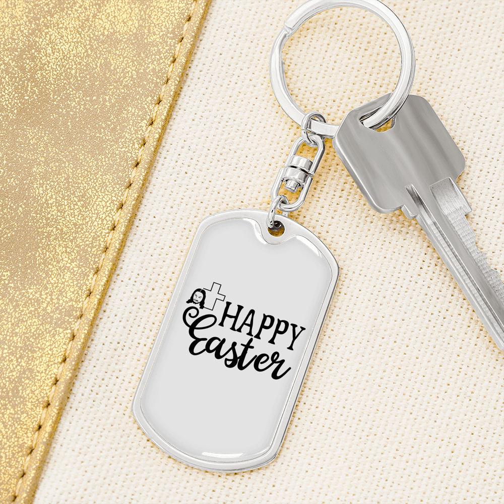 Happy Easter Cross Keychain Stainless Steel or 18k Gold Dog Tag Keyring-Express Your Love Gifts