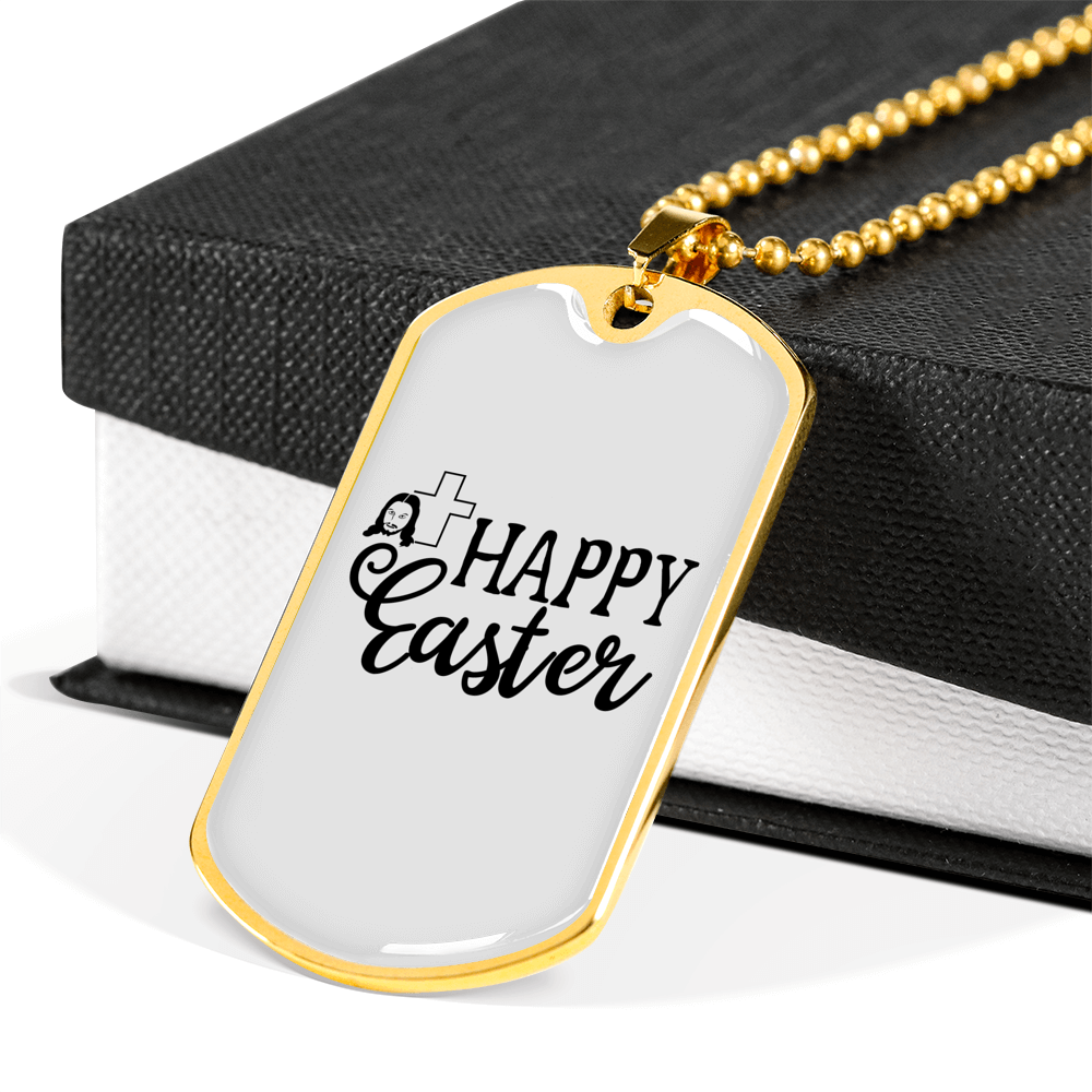Happy Easter Cross Necklace Stainless Steel or 18k Gold Dog Tag 24" Chain-Express Your Love Gifts