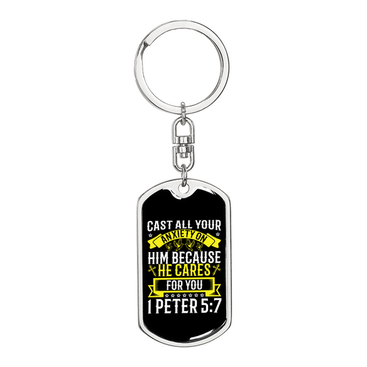 He CAres 1 Peter 5:7 Keychain Stainless Steel or 18k Gold Dog Tag Keyring-Express Your Love Gifts