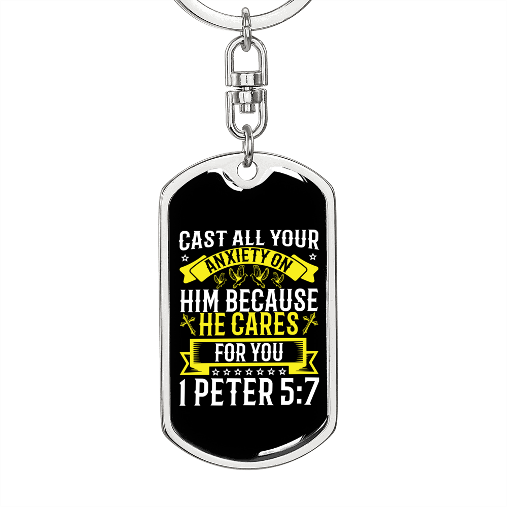 He CAres 1 Peter 5:7 Keychain Stainless Steel or 18k Gold Dog Tag Keyring-Express Your Love Gifts