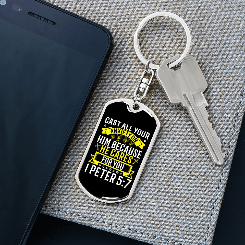 He CAres 1 Peter 5:7 Keychain Stainless Steel or 18k Gold Dog Tag Keyring-Express Your Love Gifts