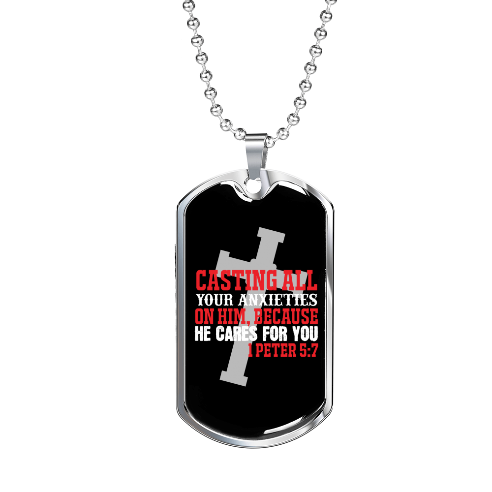 He Cares 1 Peter 5:7 Necklace Stainless Steel or 18k Gold Dog Tag 24" Chain-Express Your Love Gifts