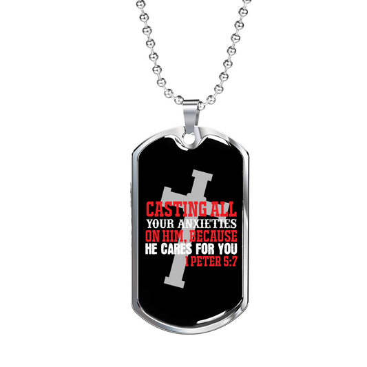 He Cares 1 Peter 5:7 Necklace Stainless Steel or 18k Gold Dog Tag 24" Chain-Express Your Love Gifts