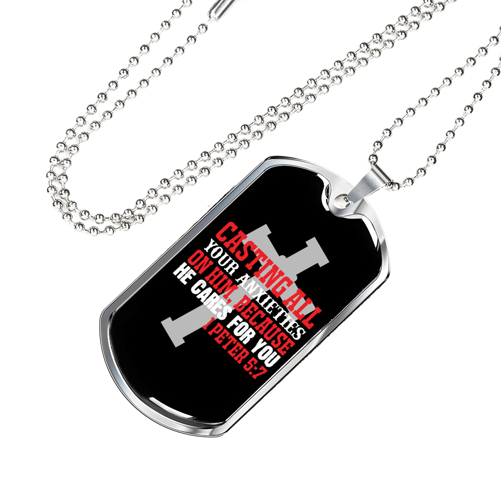 He Cares 1 Peter 5:7 Necklace Stainless Steel or 18k Gold Dog Tag 24" Chain-Express Your Love Gifts