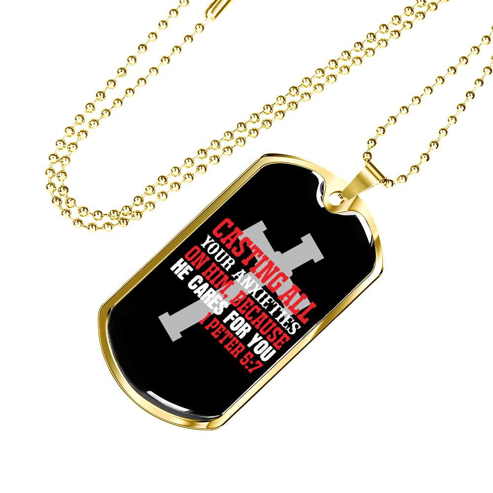 He Cares 1 Peter 5:7 Necklace Stainless Steel or 18k Gold Dog Tag 24" Chain-Express Your Love Gifts