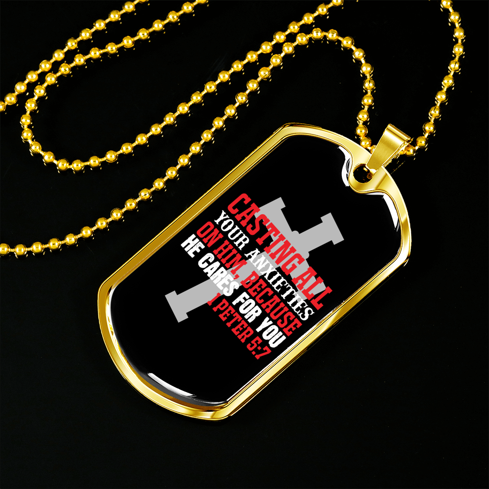 He Cares 1 Peter 5:7 Necklace Stainless Steel or 18k Gold Dog Tag 24" Chain-Express Your Love Gifts