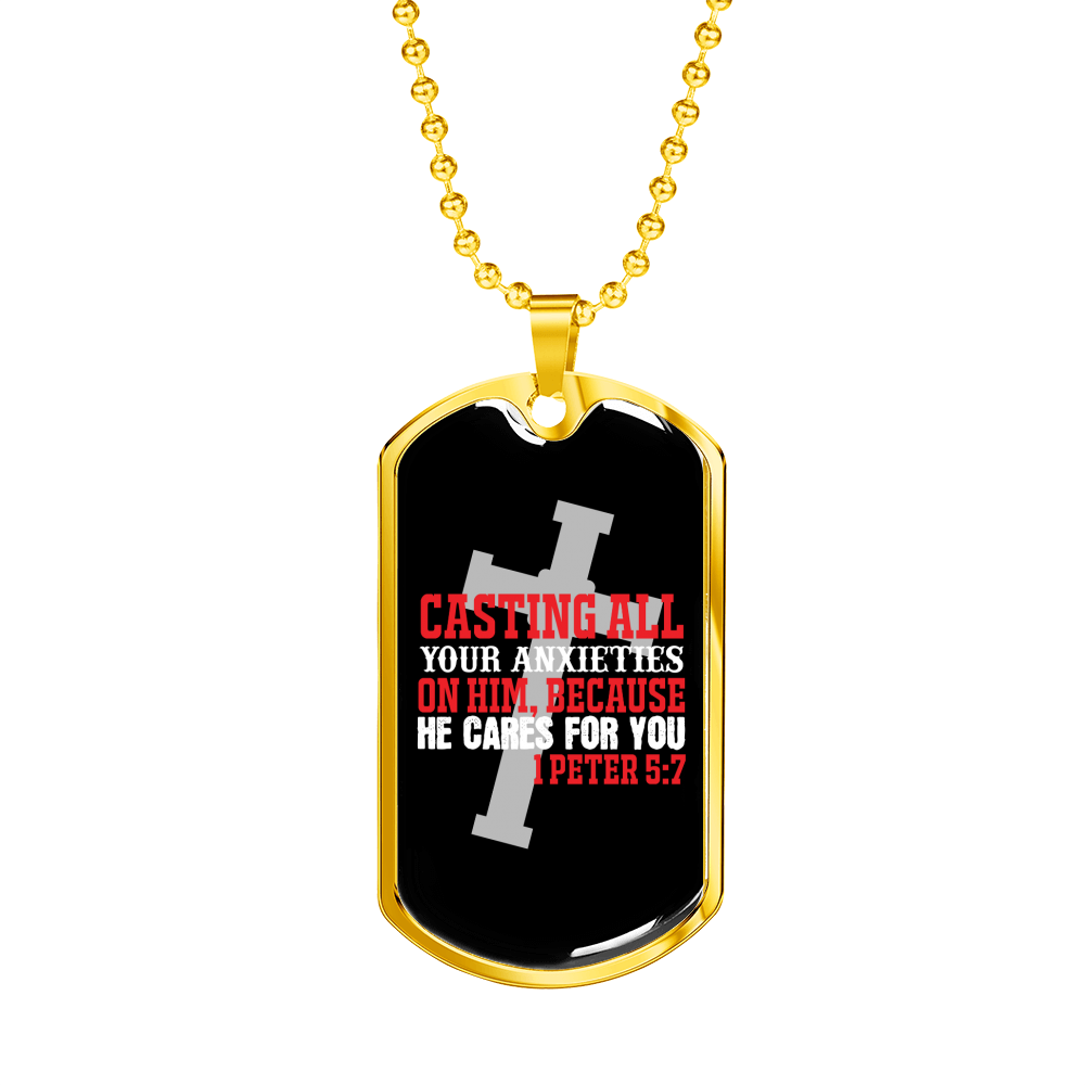 He Cares 1 Peter 5:7 Necklace Stainless Steel or 18k Gold Dog Tag 24" Chain-Express Your Love Gifts