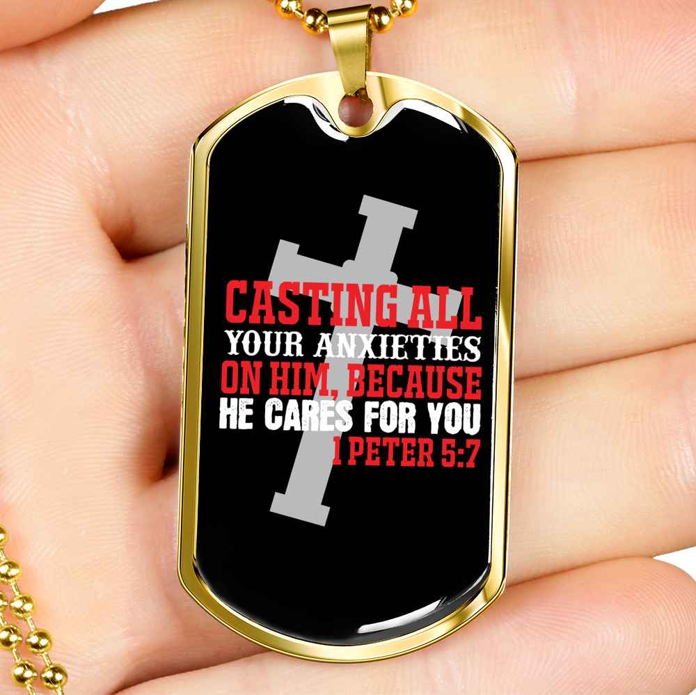 He Cares 1 Peter 5:7 Necklace Stainless Steel or 18k Gold Dog Tag 24" Chain-Express Your Love Gifts