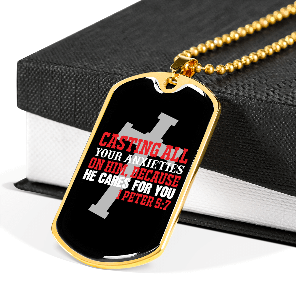 He Cares 1 Peter 5:7 Necklace Stainless Steel or 18k Gold Dog Tag 24" Chain-Express Your Love Gifts