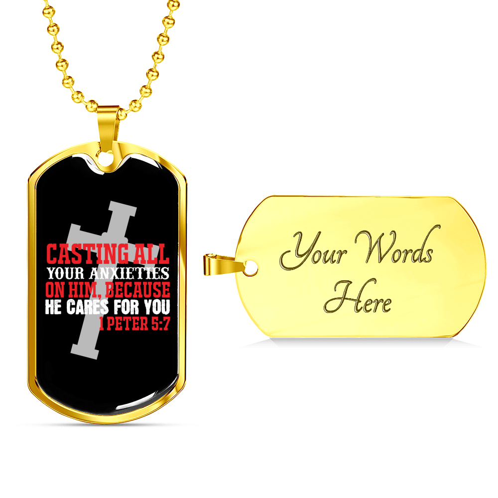 He Cares 1 Peter 5:7 Necklace Stainless Steel or 18k Gold Dog Tag 24" Chain-Express Your Love Gifts
