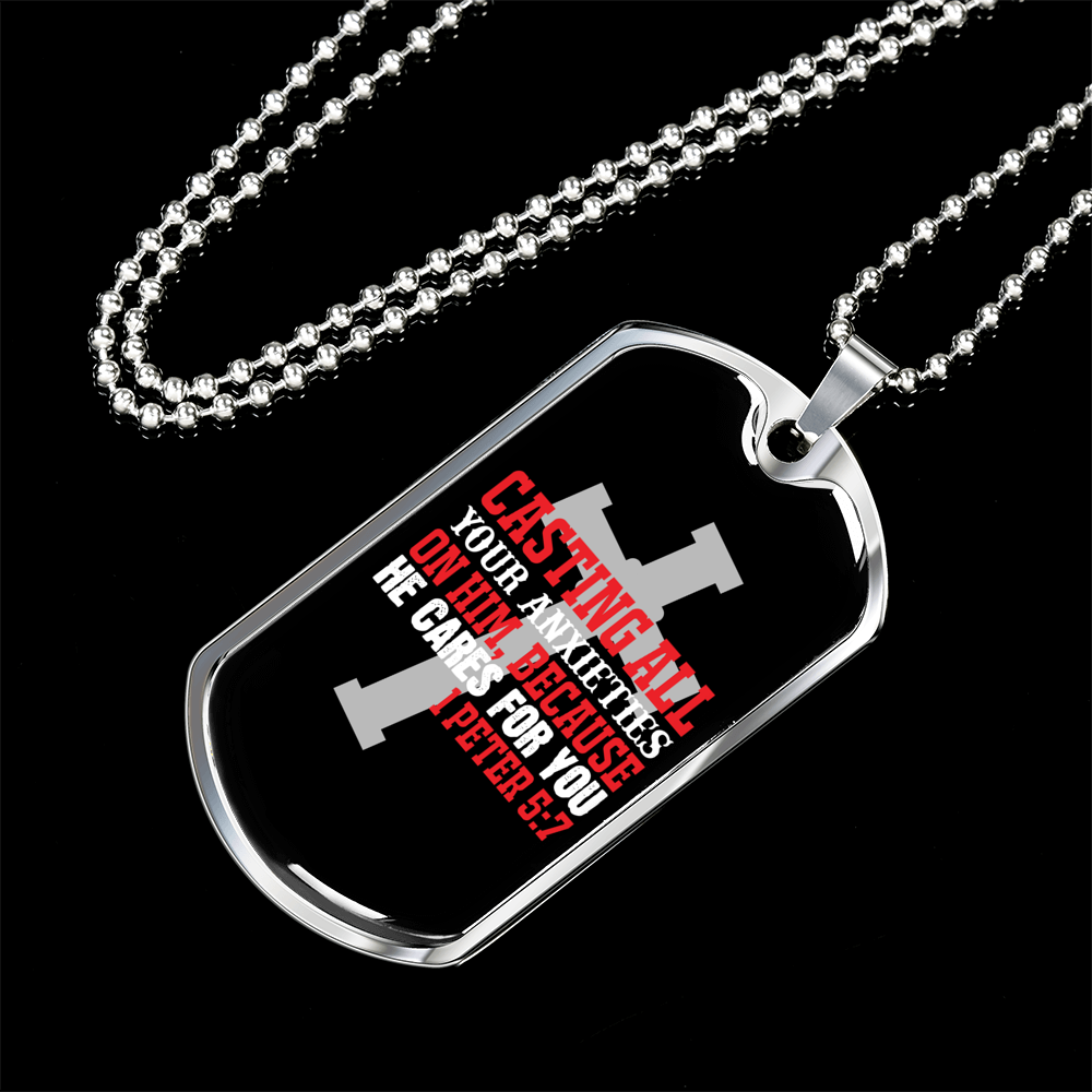 He Cares 1 Peter 5:7 Necklace Stainless Steel or 18k Gold Dog Tag 24" Chain-Express Your Love Gifts