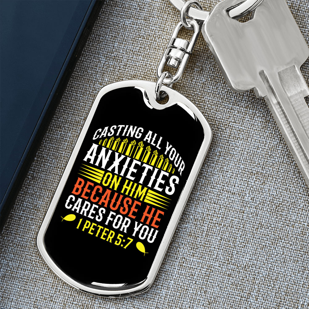 He Cares For You 1 Peter 5:7 Keychain Stainless Steel or 18k Gold Dog Tag Keyring-Express Your Love Gifts