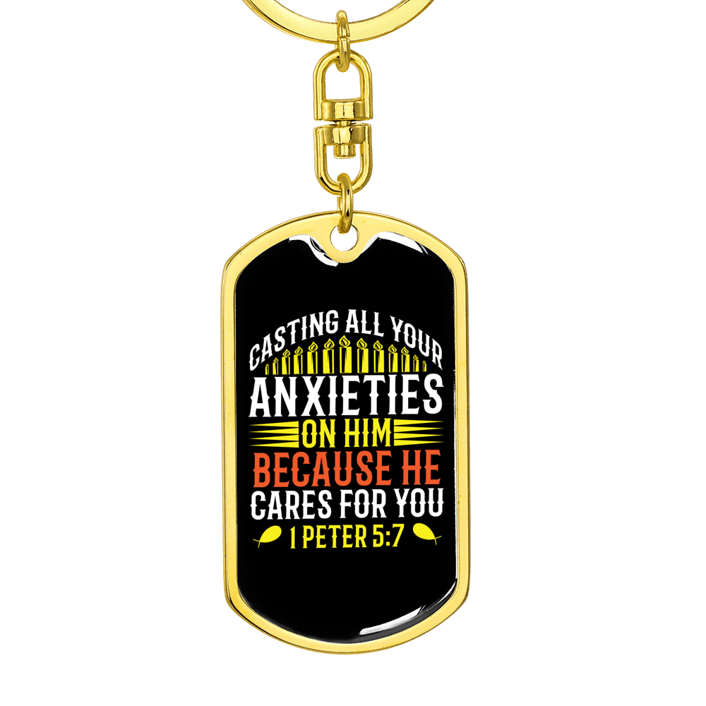 He Cares For You 1 Peter 5:7 Keychain Stainless Steel or 18k Gold Dog Tag Keyring-Express Your Love Gifts