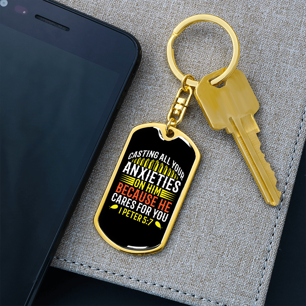 He Cares For You 1 Peter 5:7 Keychain Stainless Steel or 18k Gold Dog Tag Keyring-Express Your Love Gifts