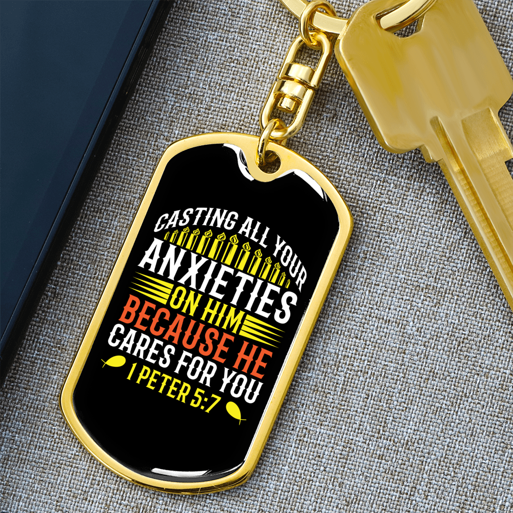 He Cares For You 1 Peter 5:7 Keychain Stainless Steel or 18k Gold Dog Tag Keyring-Express Your Love Gifts