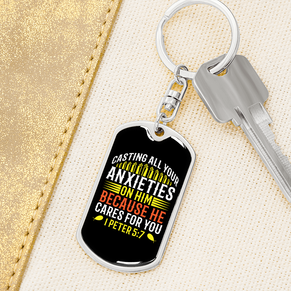 He Cares For You 1 Peter 5:7 Keychain Stainless Steel or 18k Gold Dog Tag Keyring-Express Your Love Gifts