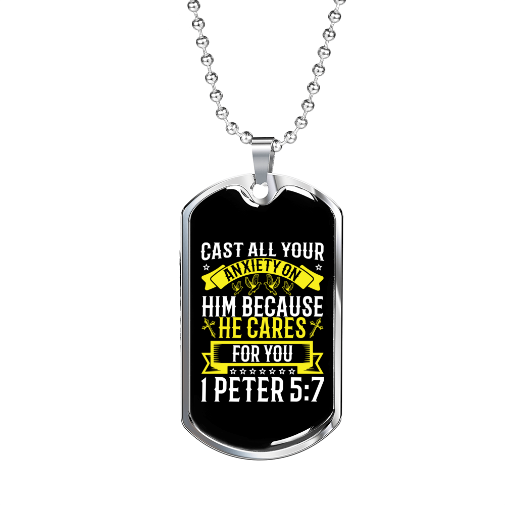 He Cares For You 1 Peter 5:7 Necklace Stainless Steel or 18k Gold Dog Tag 24" Chain-Express Your Love Gifts