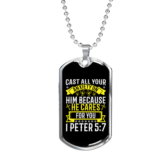 He Cares For You 1 Peter 5:7 Necklace Stainless Steel or 18k Gold Dog Tag 24" Chain-Express Your Love Gifts