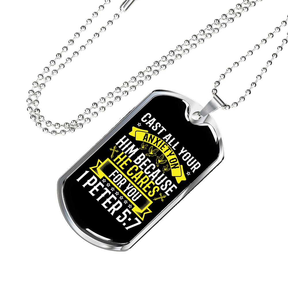 He Cares For You 1 Peter 5:7 Necklace Stainless Steel or 18k Gold Dog Tag 24" Chain-Express Your Love Gifts
