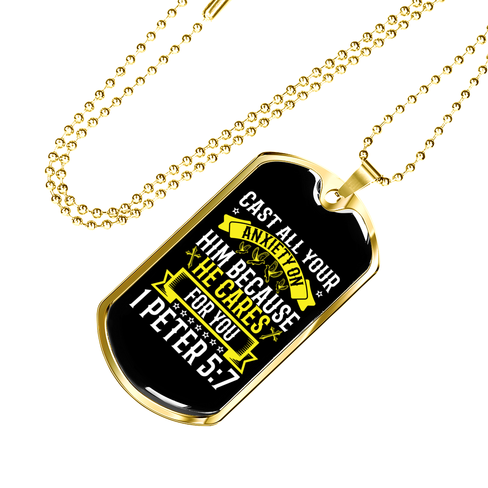 He Cares For You 1 Peter 5:7 Necklace Stainless Steel or 18k Gold Dog Tag 24" Chain-Express Your Love Gifts